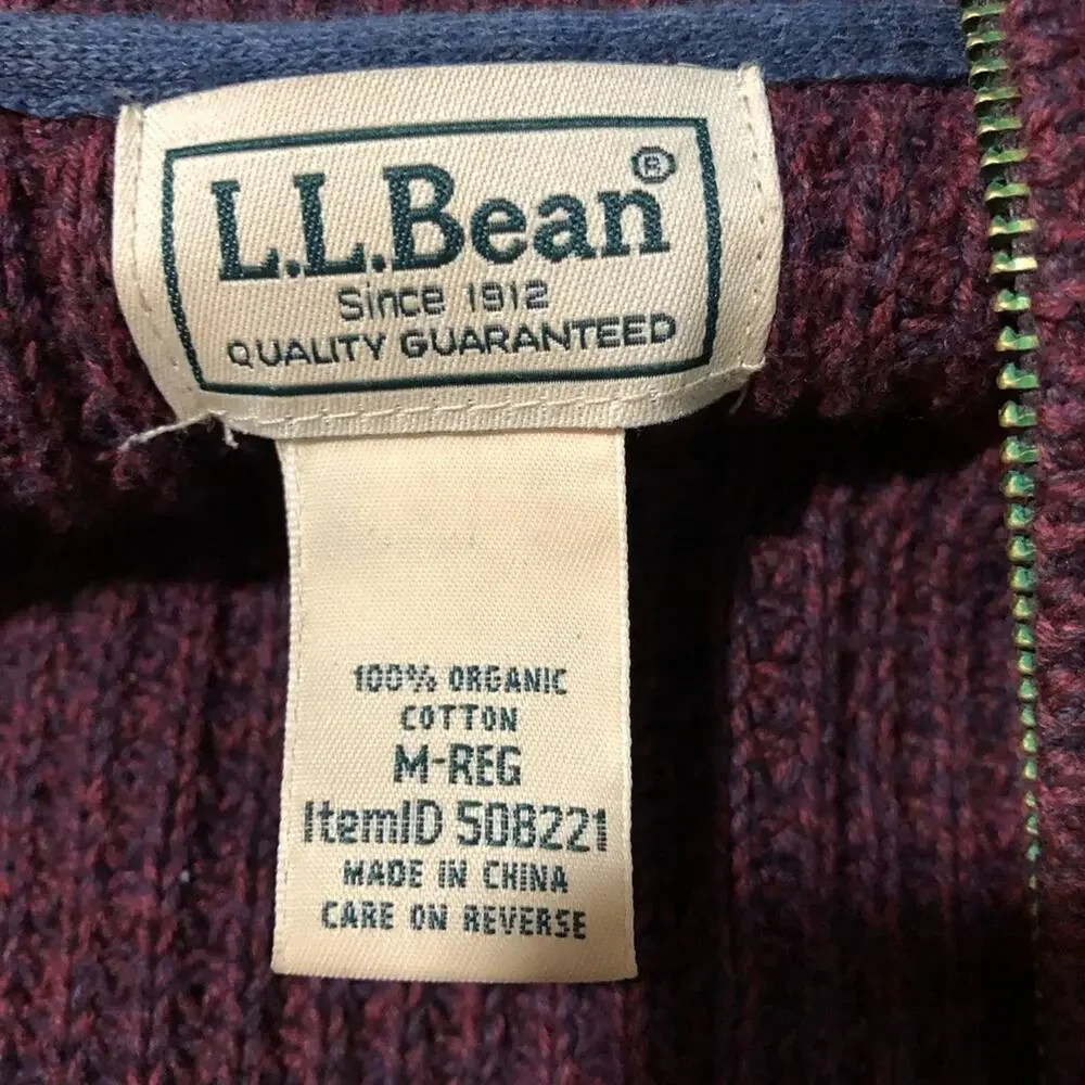 LL Bean mens M organic cotton full zip cranberry red shaker knit cardigan 508221
